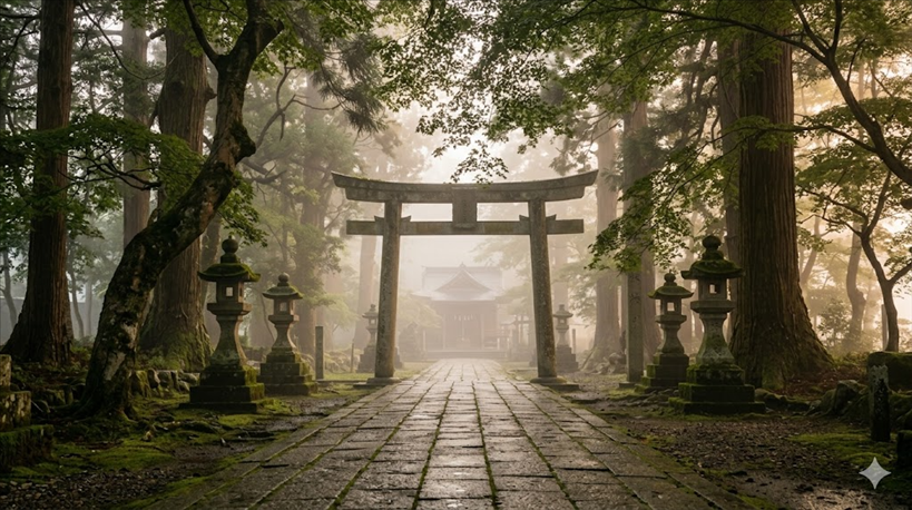 朝もやの中の神社・鳥居